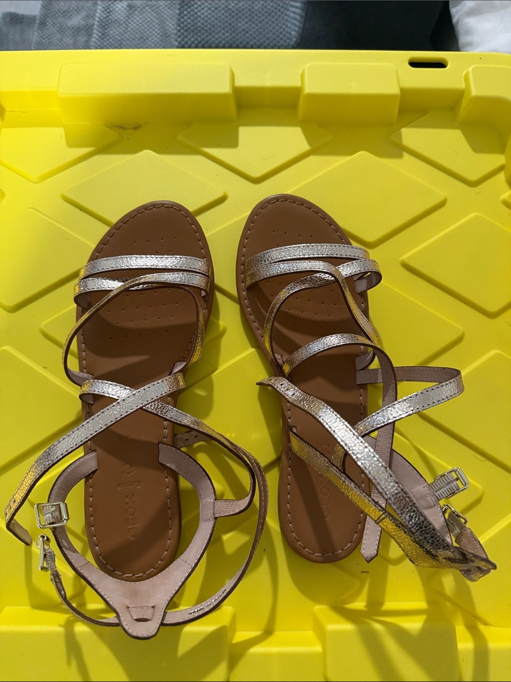 Geox Metallic Rose Gold and Tan Strappy Flat Sandals